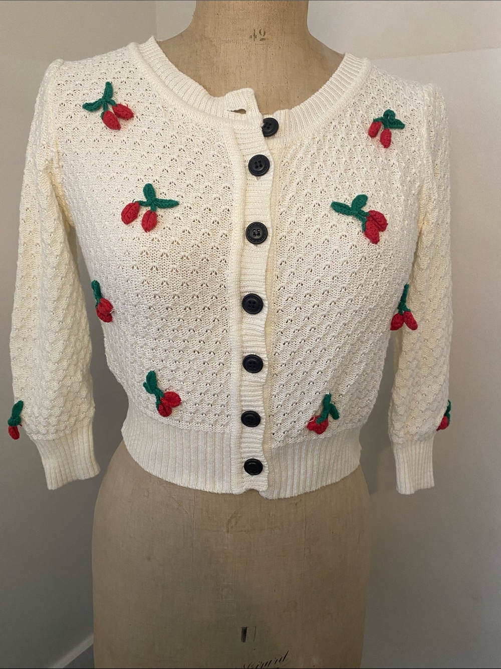 Cherry Embroidered cottagecore Cardigan/cream knit whimsical Fairycore